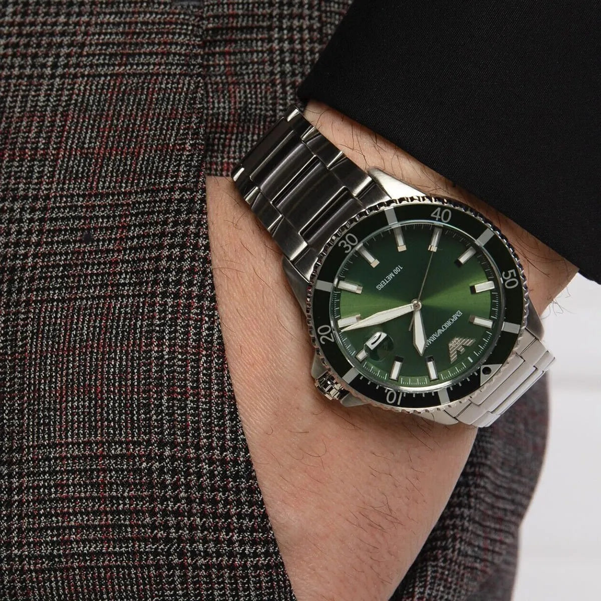 Emporio Armani AR11338 Men's Diver Style Silver & Green Watch - SJR London Timepiece