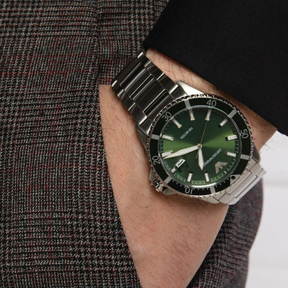 Emporio Armani AR11338 Men's Diver Style Silver & Green Watch - SJR London Timepiece