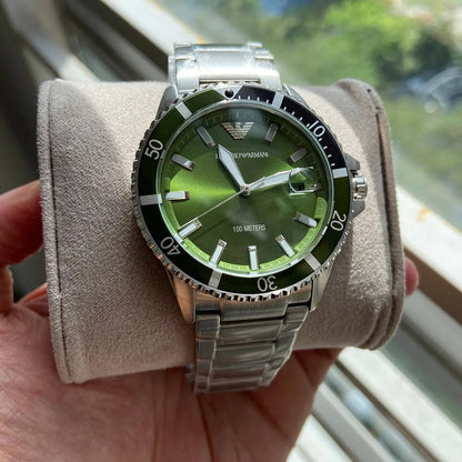 Emporio Armani AR11338 Men's Diver Style Silver & Green Watch - SJR London Timepiece