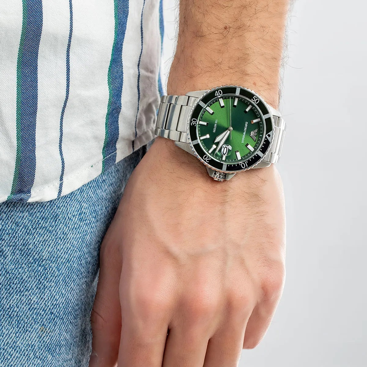 Montre Emporio Armani AR11338 pour homme, style plongeur, argent et vert