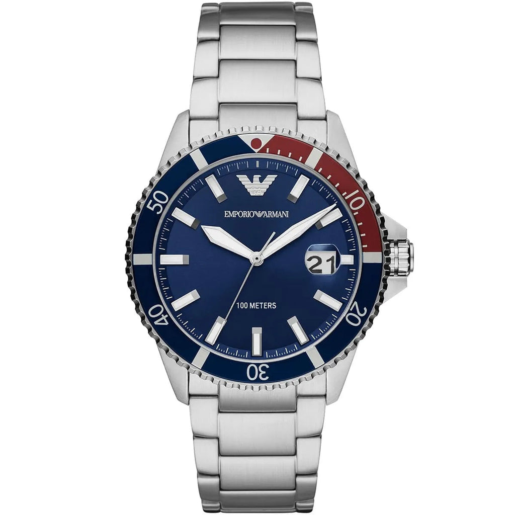 Montre Emporio Armani AR11339 pour homme, style plongeur, argent et bleu
