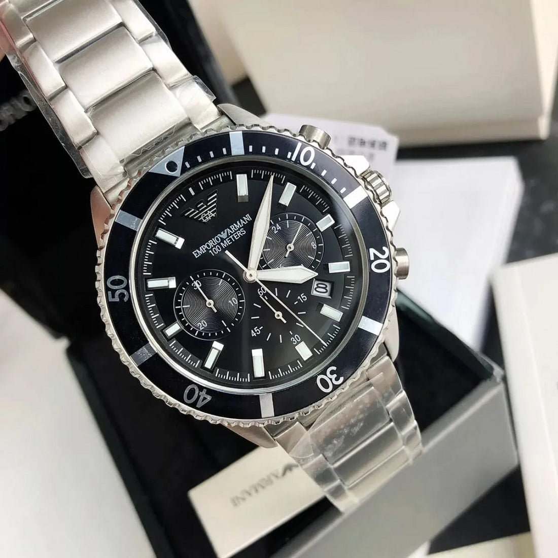 Emporio Armani AR11360 Men's Diver Style Silver & Black Watch - SJR London Timepiece