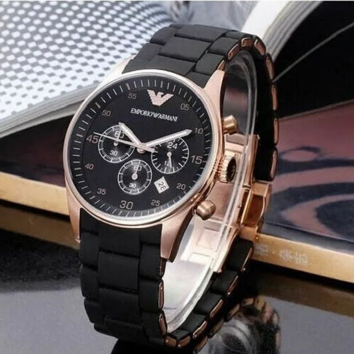 Montre Emporio Armani AR5905 Sportivo pour homme, noire et or rose