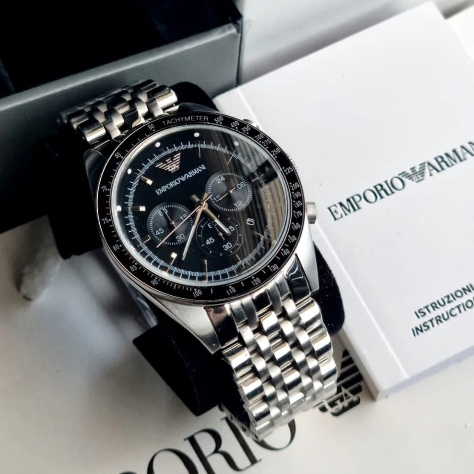 Emporio Armani AR5988 Tazio Men's Silver & Black Chronograph - SJR London Timepiece