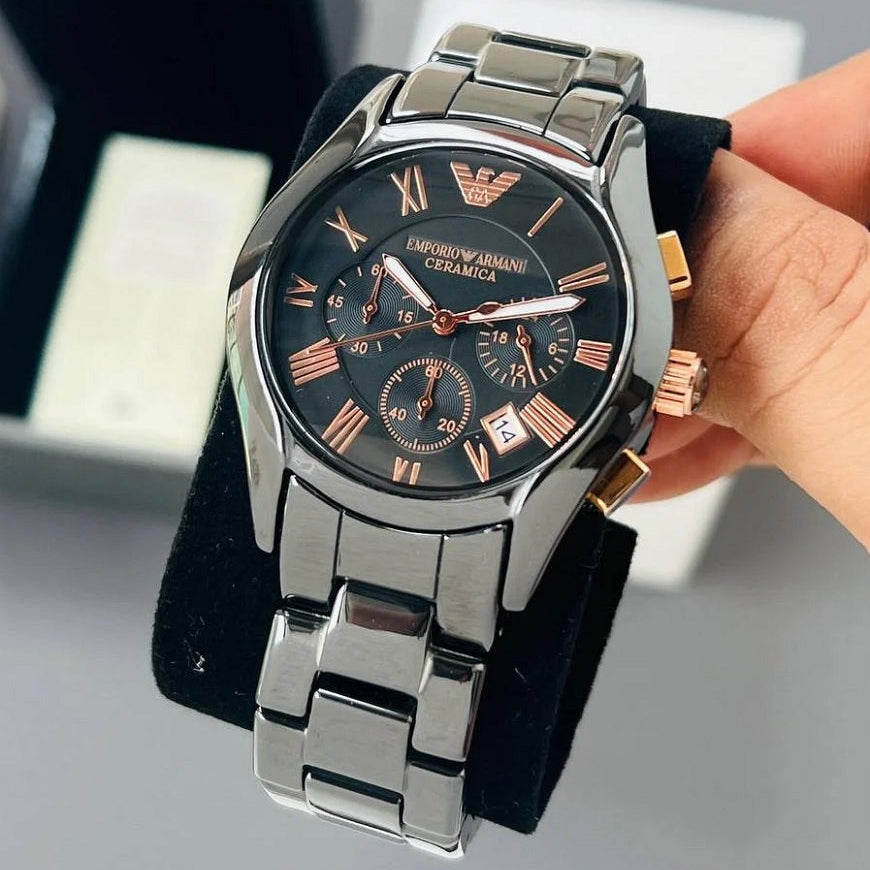 Montre Emporio Armani AR1410 Valente Céramique pour Homme Noire et Or Rose
