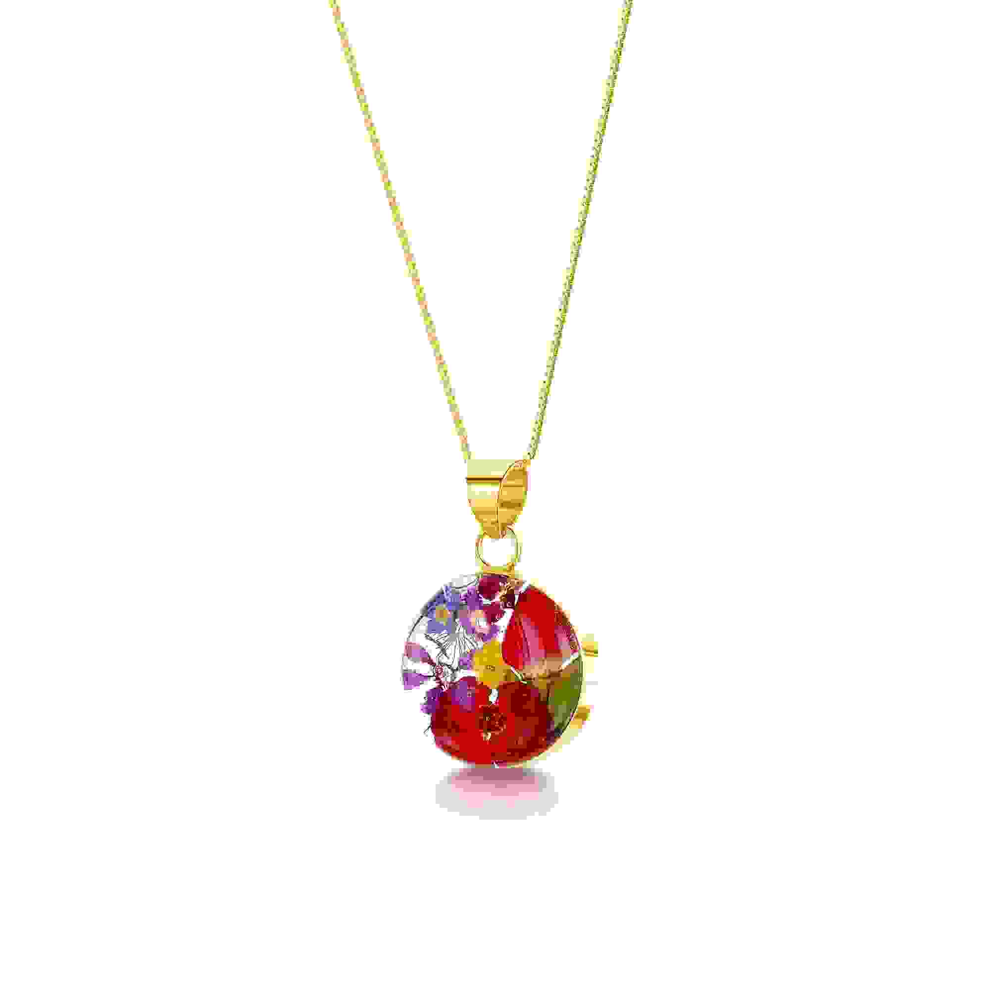 Mixed Flower Round Pendant Necklace - Gold plated Silver