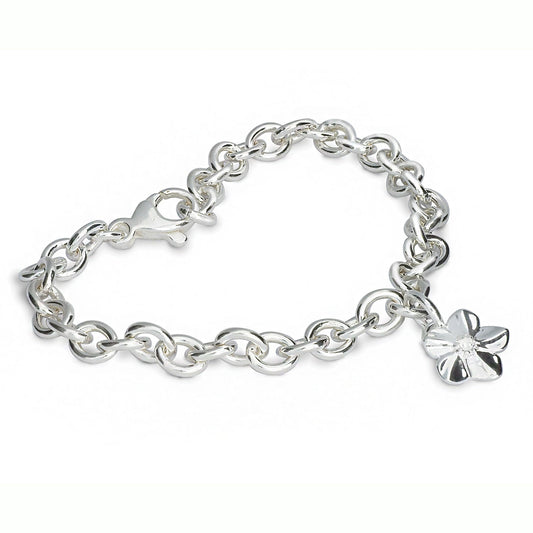 A silver personalised charm bracelet with a forget-me-not design by Scarlett Jewellery