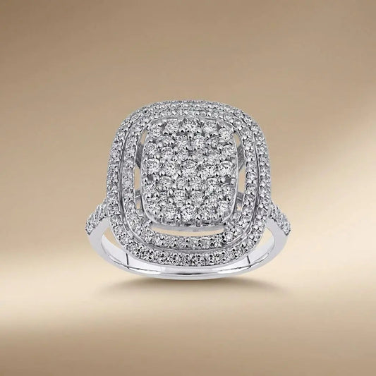 14ct white gold diamond ring with double halo design and 1.06ct center stone by Majestic Jewellery