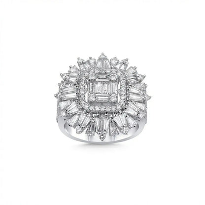 14ct/14K White Gold Natural Diamond Ring – Baguette Diamond Sunburst Statement