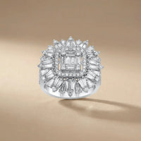 14ct/14K White Gold Natural Diamond Ring – Baguette Diamond Sunburst Statement