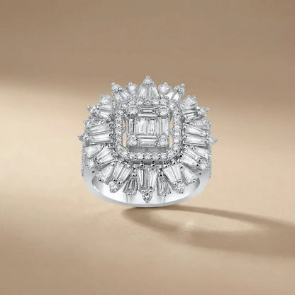 14ct/14K White Gold Natural Diamond Ring – Baguette Diamond Sunburst Statement