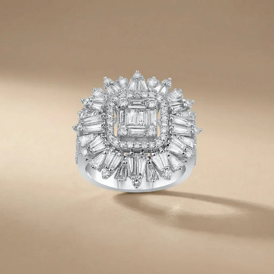 14ct/14K White Gold Natural Diamond Ring – Baguette Diamond Sunburst Statement