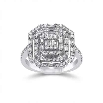 14ct/14K White Gold Natural Diamond Engagement Ring – Geometric Baguette Halo Diamond 0.85ct
