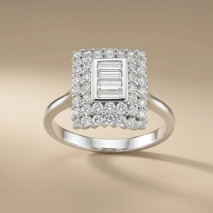 14ct/14K White Gold Natural Diamond Ring – Square Baguette Diamond Halo 1.09ct