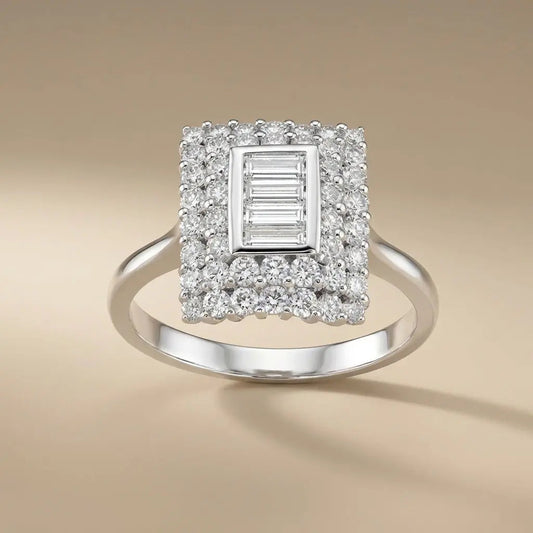 14ct/14K White Gold Natural Diamond Ring – Square Baguette Diamond Halo 1.09ct