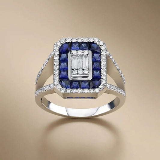 14ct/14K White Gold Natural Sapphire & Diamond Ring – Sapphire Diamond Halo 0.44ct