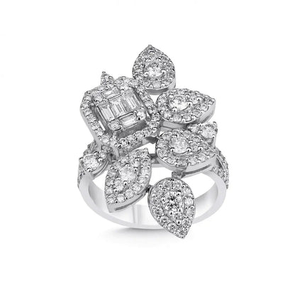 14ct/14K White Gold Natural Diamond Ring – Floral Diamond Cluster Statement 1.76ct
