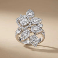 14ct/14K White Gold Natural Diamond Ring – Floral Diamond Cluster Statement 1.76ct