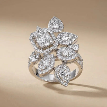 14ct/14K White Gold Natural Diamond Ring – Floral Diamond Cluster Statement 1.76ct