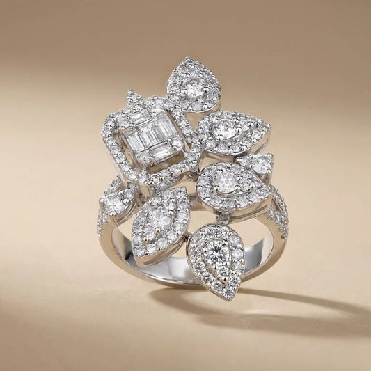 14ct white gold diamond ring with floral cluster design and 1.76ct natural diamonds by Majestic Jewellery.