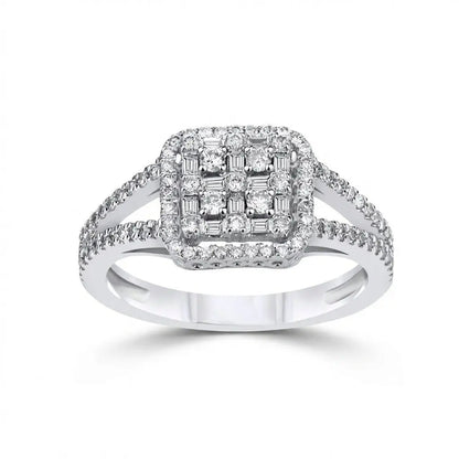 14ct/14K White Gold Natural Diamond Ring – Diamond Cluster Halo 0.95ct
