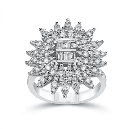 14ct/14K White Gold Natural Diamond Ring – Radiant Sunburst Diamond Statement 1.3ct