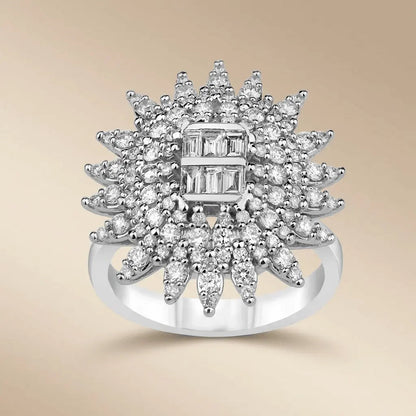 14ct/14K White Gold Natural Diamond Ring – Radiant Sunburst Diamond Statement 1.3ct