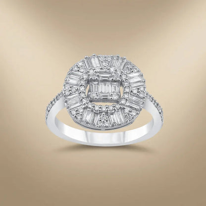 14ct/14K White Gold Natural Diamond Ring – Baguette Halo Diamond Cluster 0.83ct