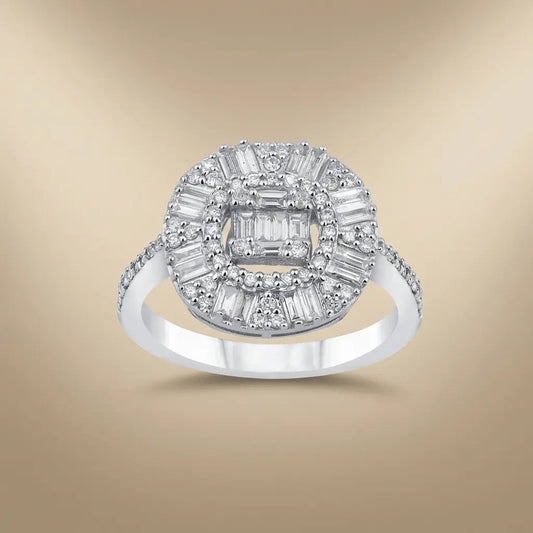 14ct white gold ring with baguette halo diamond cluster and 0.83ct diamonds by Majestic Jewellery.