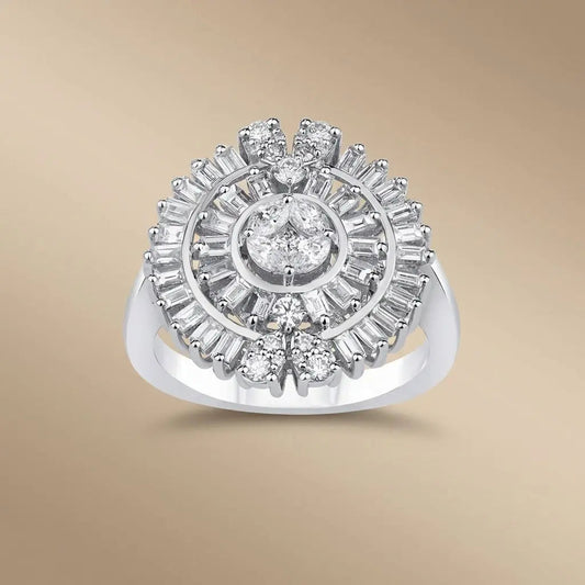 14ct/14K White Gold Natural Diamond Ring – Floral Baguette Halo Diamond 1.2ct
