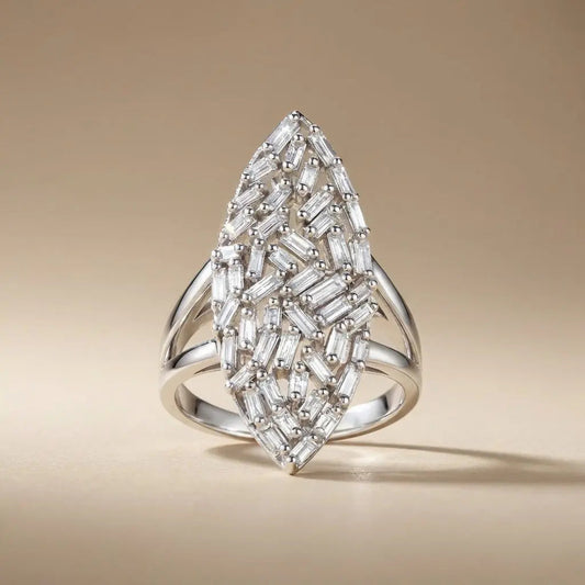 14ct white gold marquise diamond ring with baguette stones and 0.96ct total weight by Majestic Jewellery