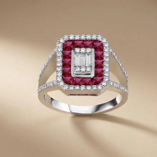 14ct white gold ring with natural ruby halo and 1.47ct baguette center diamond by Majestic Jewellery