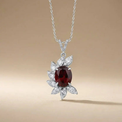 14ct/14K White Gold Ruby & Diamond Pendant – Oval Ruby Diamond Leaf 5.06ct
