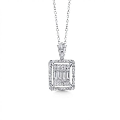 14ct/14K White Gold Natural Diamond Pendant – Square Baguette Diamond Halo 1.08ct