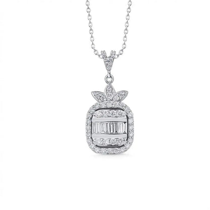 14ct/14K White Gold Natural Diamond Pendant – Baguette Round Diamond Halo 0.74ct