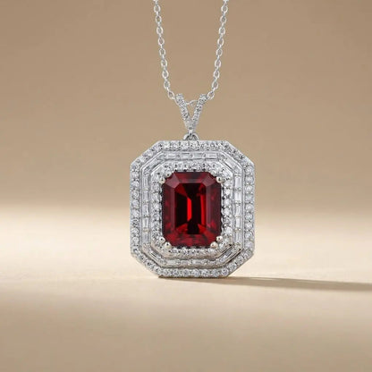 14ct/14K White Gold Ruby & Diamond Pendant – Emerald Cut Ruby Diamond Halo 1.12ct