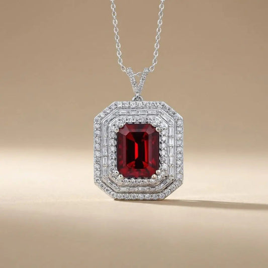14ct 14k white gold — 14ct/14K White Gold Ruby & Diamond Pendant – Emerald Cut Ruby Diamond Halo 1.12ct