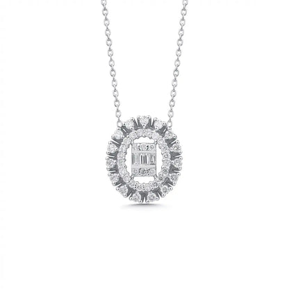 14ct/14K White Gold Natural Diamond Pendant – Oval Halo Diamond with Baguette Center 0.37ct