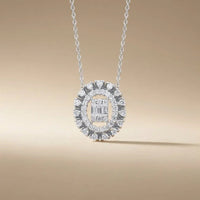 14ct/14K White Gold Natural Diamond Pendant – Oval Halo Diamond with Baguette Center 0.37ct