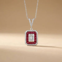 14ct/14K White Gold Ruby & Diamond Pendant – Ruby Halo Diamond with Baguette Center 0.52ct