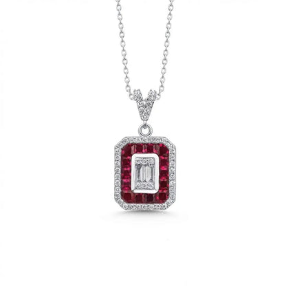 14ct/14K White Gold Ruby & Diamond Pendant – Ruby Halo Baguette Diamond 0.31ct
