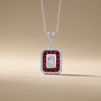 14ct/14K White Gold Ruby & Diamond Pendant – Ruby Halo Baguette Diamond 0.31ct