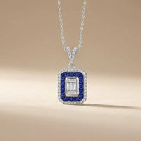 14ct/14K White Gold Sapphire & Diamond Pendant – Sapphire Halo Baguette Diamond 0.35ct