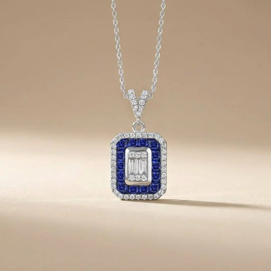 14ct/14K White Gold Sapphire & Diamond Pendant – Sapphire Halo Baguette Diamond 0.35ct