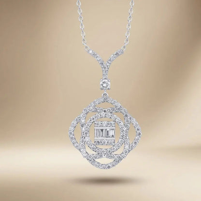 14ct/14K White Gold Natural Diamond Pendant – Floral Halo Baguette Diamond 0.86ct
