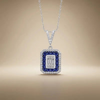 14ct/14K White Gold Sapphire & Diamond Pendant – Sapphire Halo Baguette Diamond 0.62ct