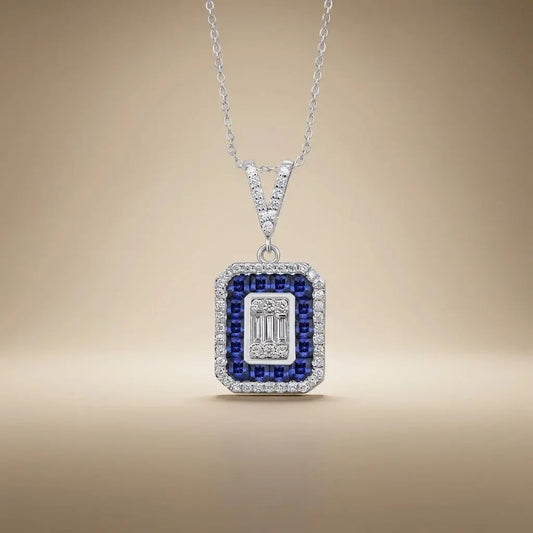 14ct/14K White Gold Sapphire & Diamond Pendant – Sapphire Halo Baguette Diamond 0.62ct