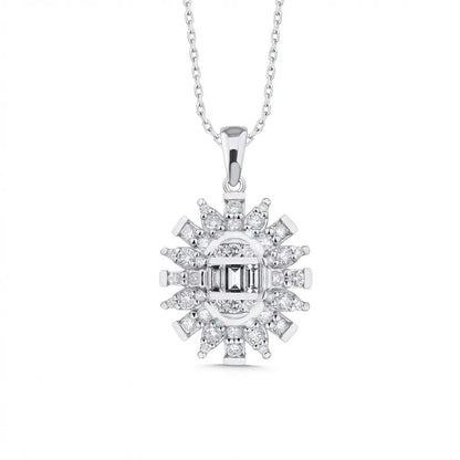 14ct/14K White Gold Natural Diamond Pendant – Sunburst Baguette Round Diamond 0.61ct