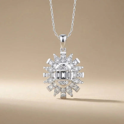 14ct/14K White Gold Natural Diamond Pendant – Sunburst Baguette Round Diamond 0.61ct