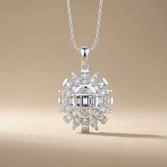 14ct/14K White Gold Natural Diamond Pendant – Sunburst Baguette Round Diamond 0.61ct